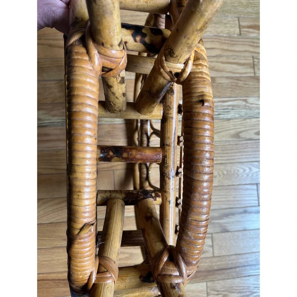 Vintage MCM Rattan Magazine Rack Burnt Bamboo Boho‎ Circle Record Holder 16.5in